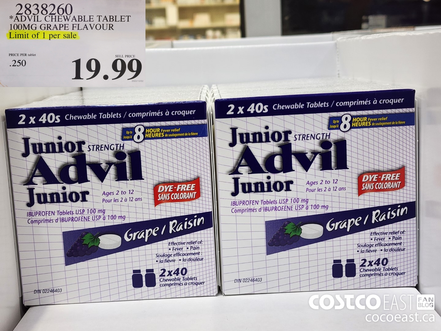 2838260 ADVIL CHEWABLE TABLETS 100MG GRAPE FLAVOUR limit of 1 per sale $19.99