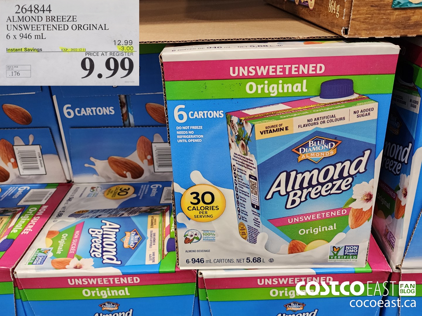 264844 ALMOND BREEZE UNSWEETENED ORIGINAL 6 X 946 ML ($3.00 INSTANT SAVINGS EXPIRES ON 2022-12-11) $9.99