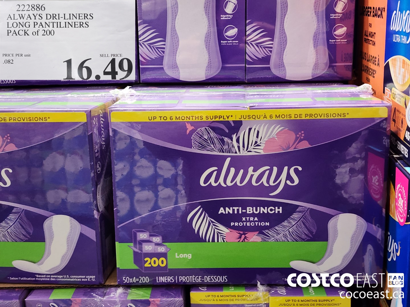 222886 ALWAYS DRI-LINERS LONG PANTILINERS PACK OF 200 $16.49