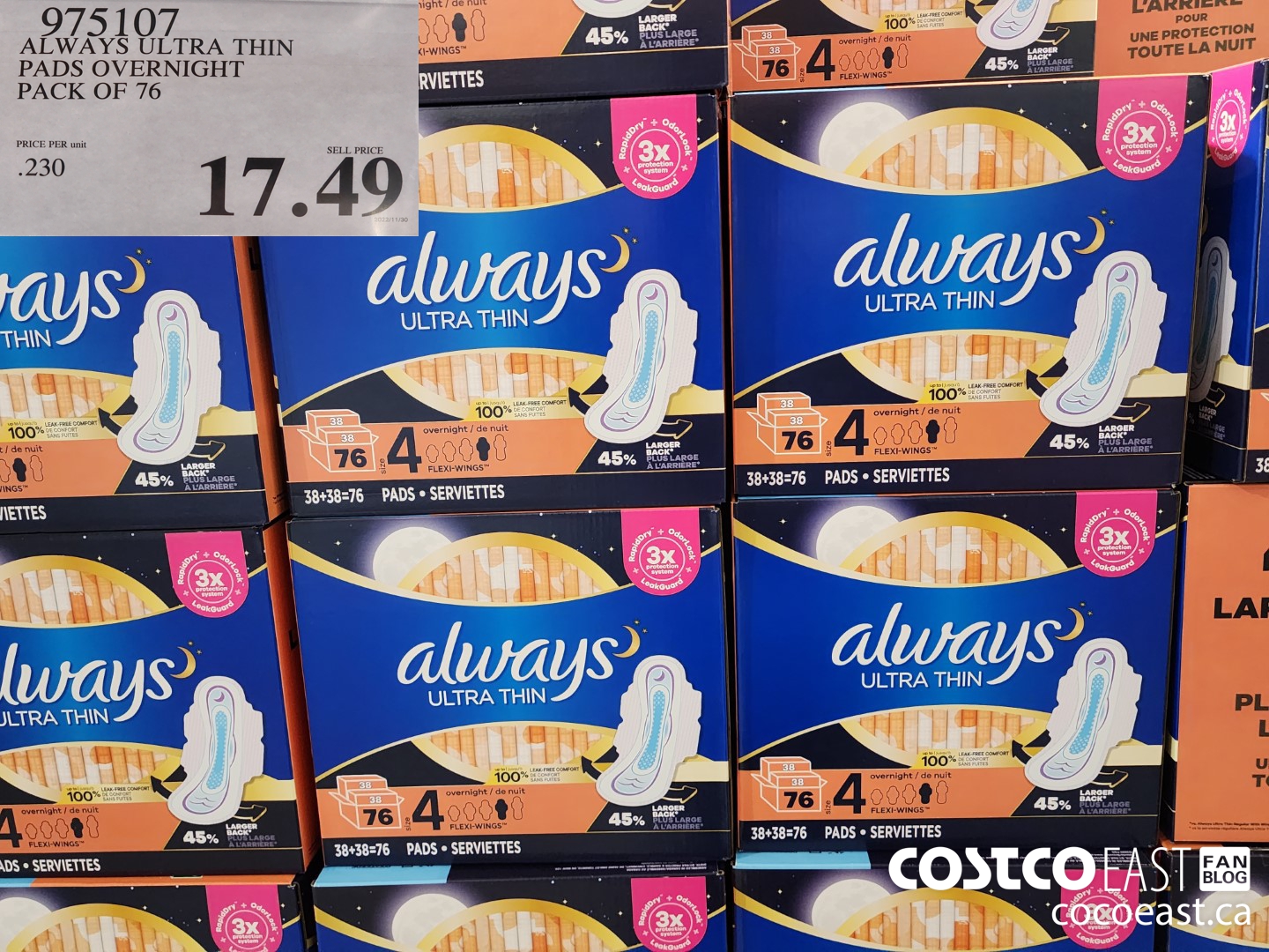 975107 ALWAYS ULTRA THIN PADS OVERNIGHT PACK OF 76 $17.49