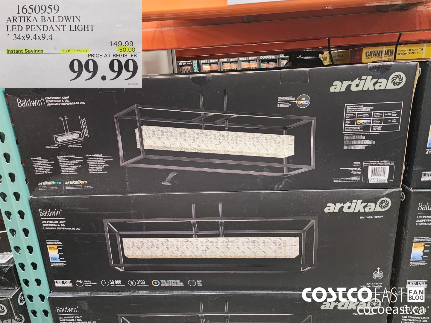 1650959 ARTIKA BALDWIN LED PENDANT LIGHT 34 X 9.4 X 9.4 ($50.00 INSTANT SAVINGS EXPIRES ON 2022-12-11) $99.99