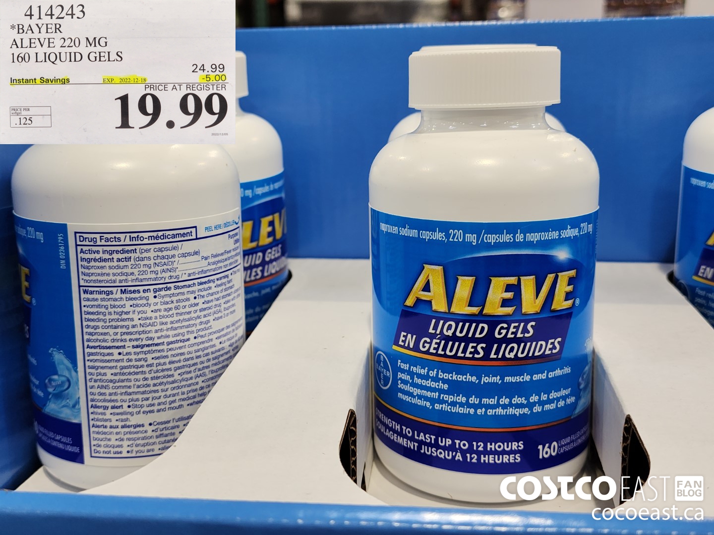 414243 BAYER ALEVE 220 MG 160 LIQUID GELS ($5.00 INSTANT SAVINGS EXPIRES ON 2022-12-18) $19.99
