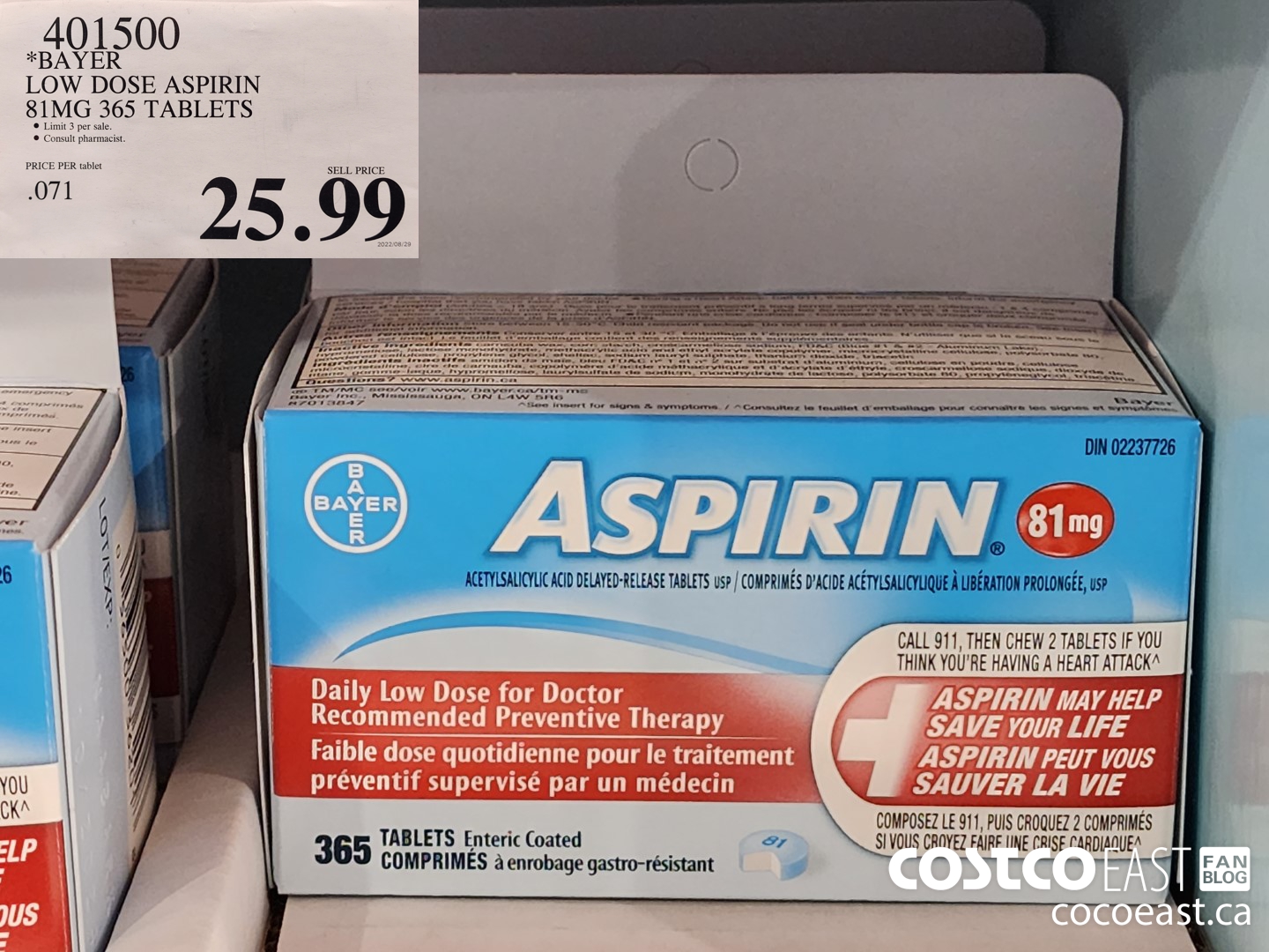 401500 BAYER COATED LOW DOSE ASA 81MG 365 TABLETS $25.99