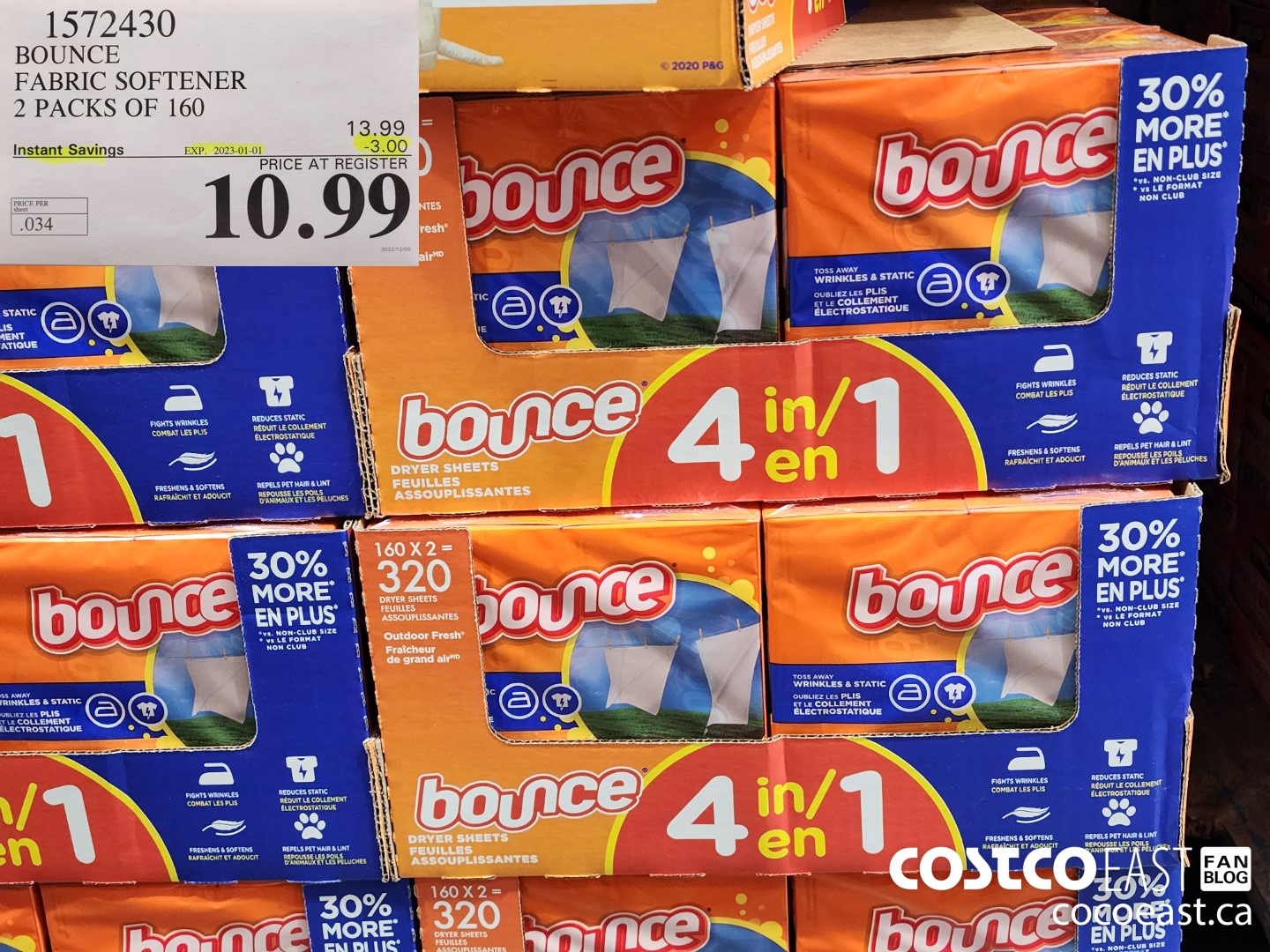 1572430 BOUNCE FABRIC SOFTENER 2 PACKS OF 160 ($3.00 INSTANT SAVINGS EXPIRES ON 2023-01-01) $10.99
