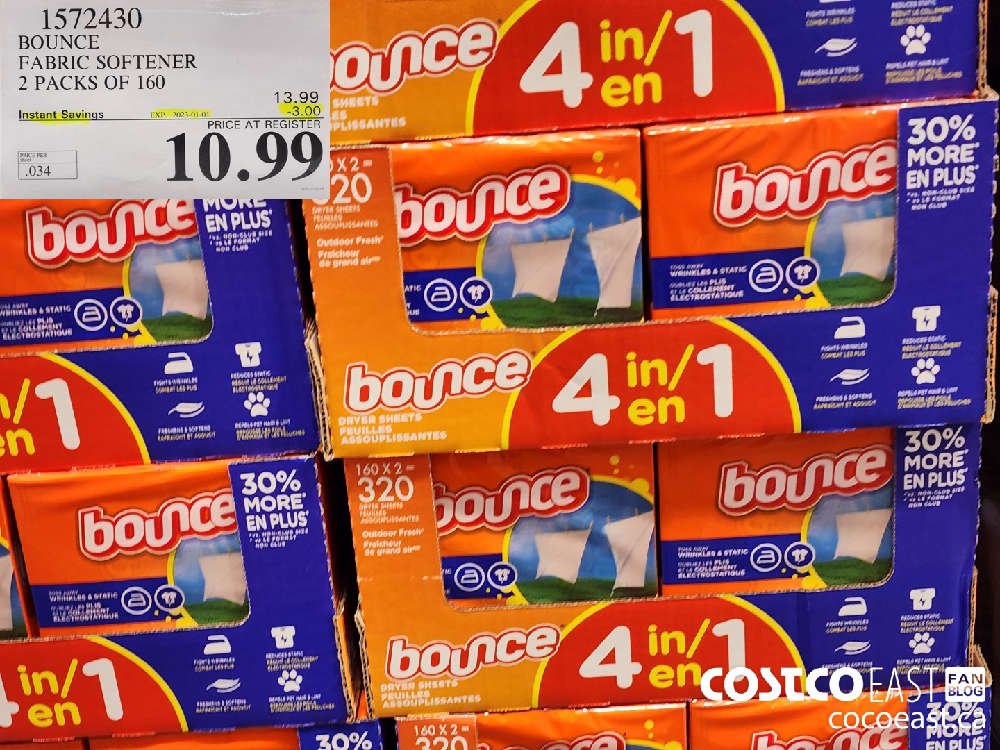 1572430 BOUNCE FABRIC SOFTENER 2 PACKS OF 160 ($3.00 INSTANT SAVINGS EXPIRES ON 2023-01-01) $10.99