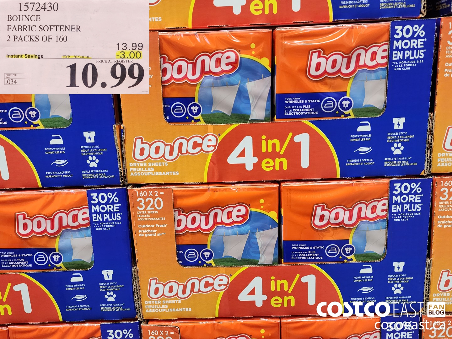 1572430 BOUNCE FABRIC SOFTENER 2 PACKS OF 160 20232-01-01 ($3.00 INSTANT SAVINGS) $10.99