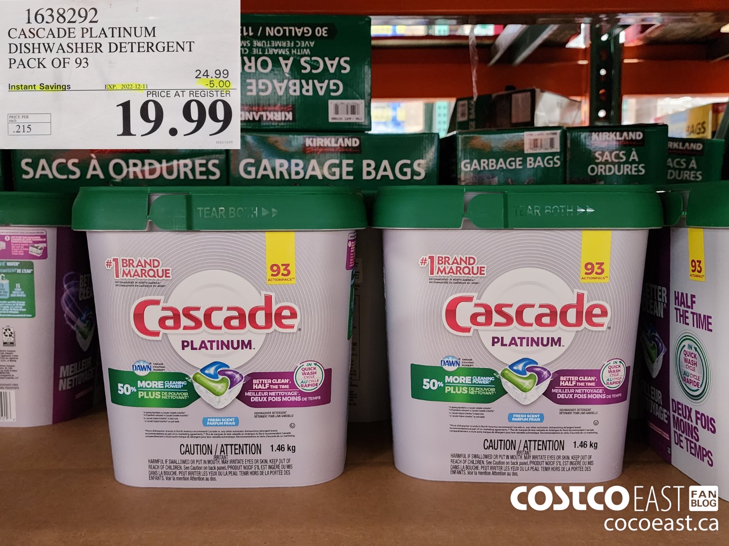 1638292 CASCADE PLATINUM DISHWASHER DETERGENT PACK OF 93 ($5.00 INSTANT SAVINGS EXPIRES ON 2022-12-11) $19.99