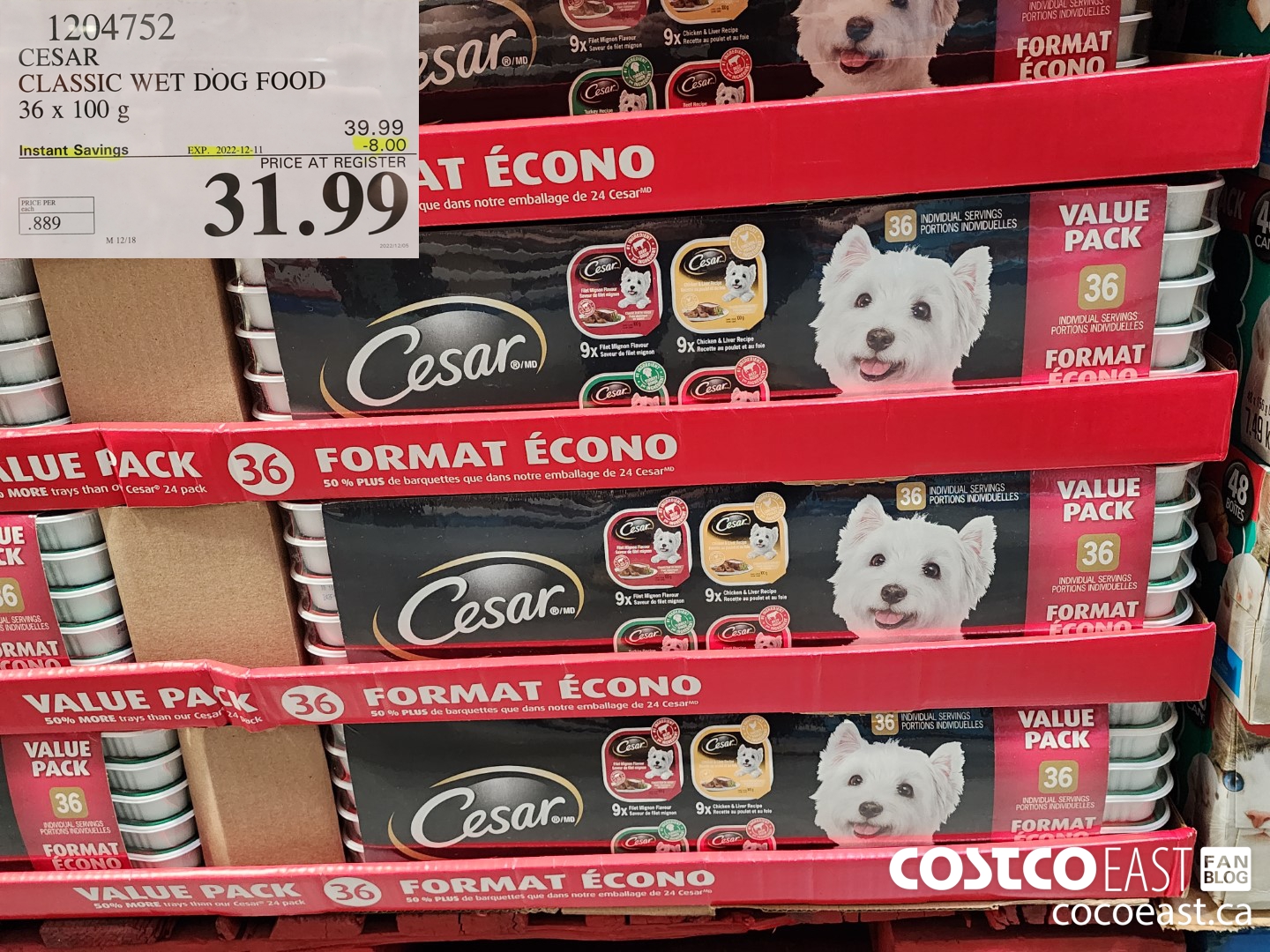 1294752 CESAR CLASSIC WET DOG FOOD 36 x 100 G ($8.00 INSTANT SAVINGS EXPIRES ON 2022-12-11) $31.99