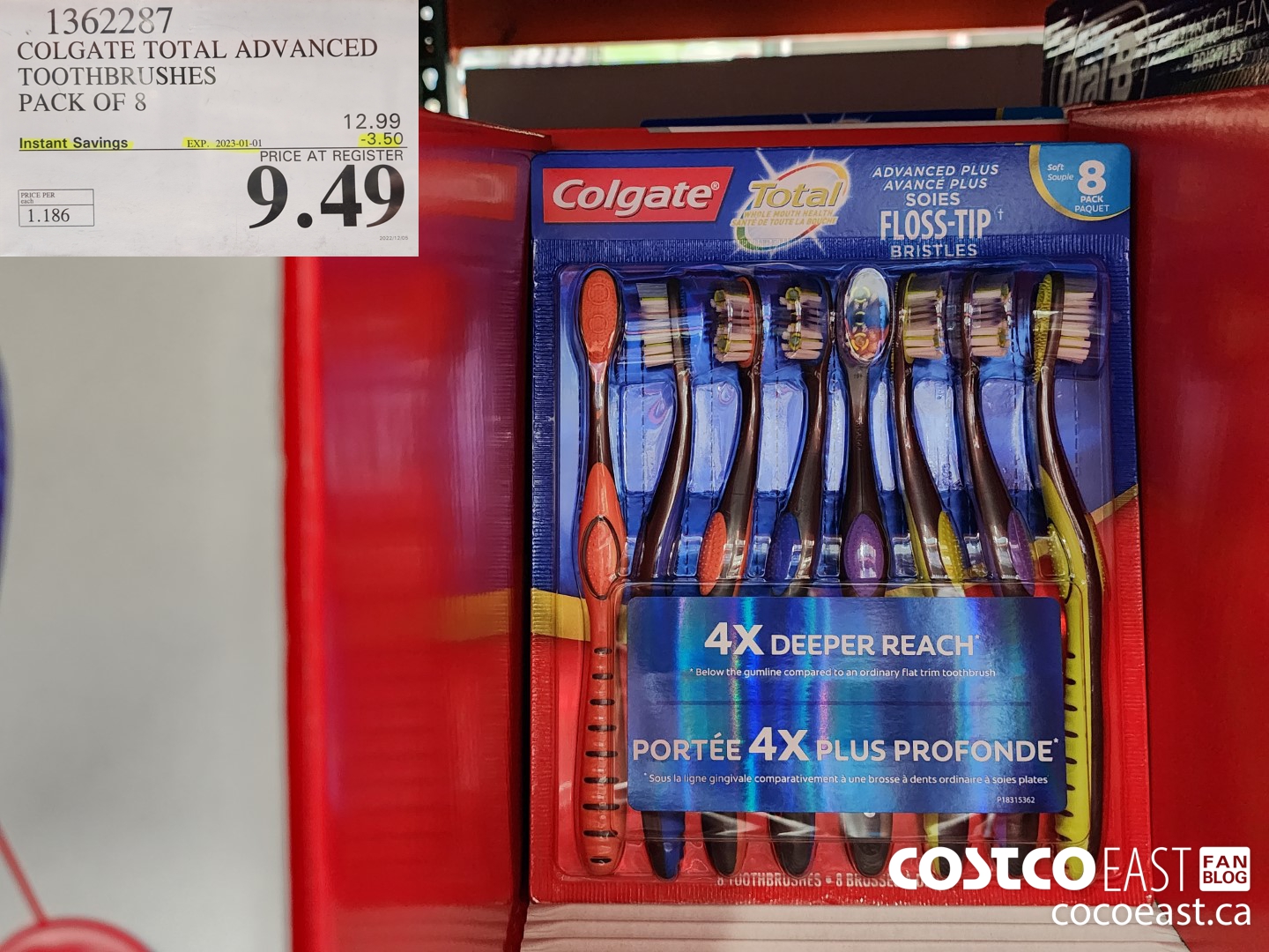 1362287 COLGATE TOTAL ADVANCED TOOTHBRUSHES PACK OF 8 ($3.50 INSTANT SAVINGS EXPIRES ON 2023-01-01) $9.49