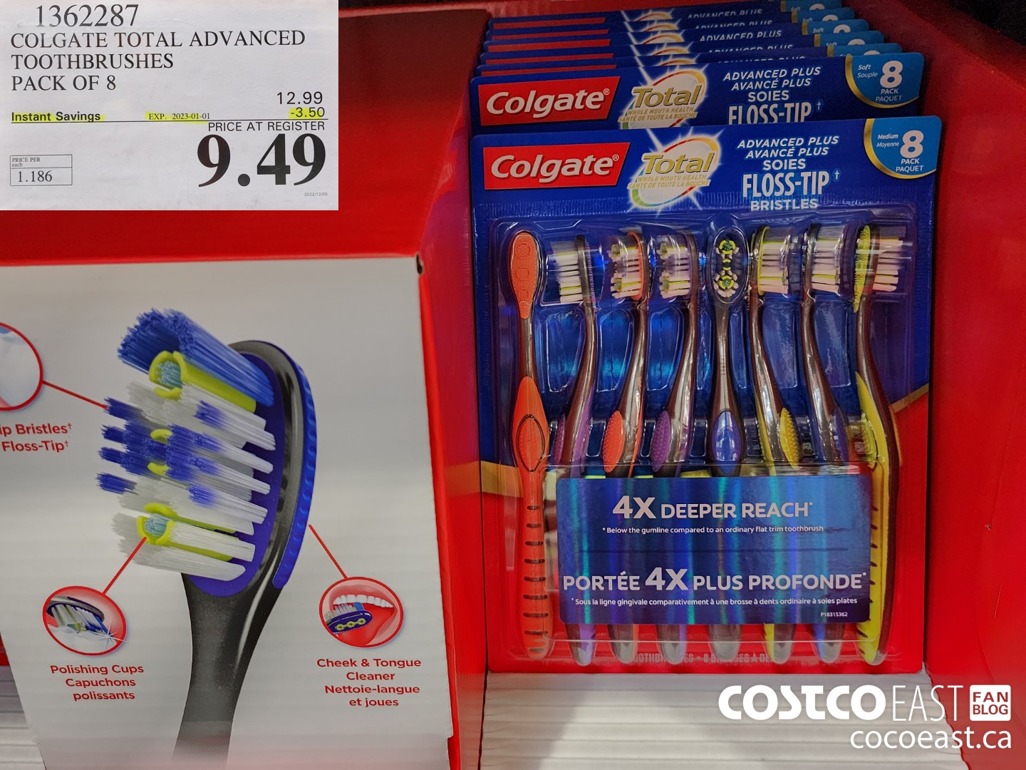 1362287 COLGATE TOTAL ADVANCED TOOTHBRUSHES PACK OF 8 ($3.50 INSTANT SAVINGS EXPIRES ON 2023-01-01) $9.49