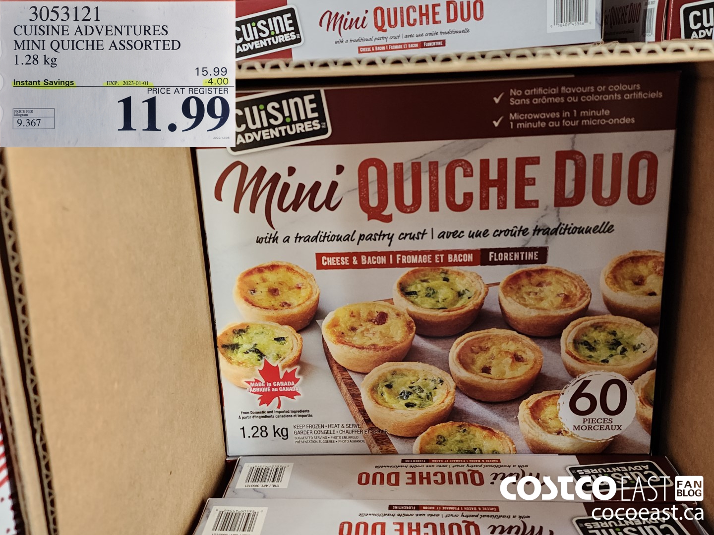 3053121 CUISINE ADVENTURES MINI QUICHE ASSORTED 1.28 kg ($4.00 INSTANT SAVINGS EXPIRES ON 2023-01-01) $11.99