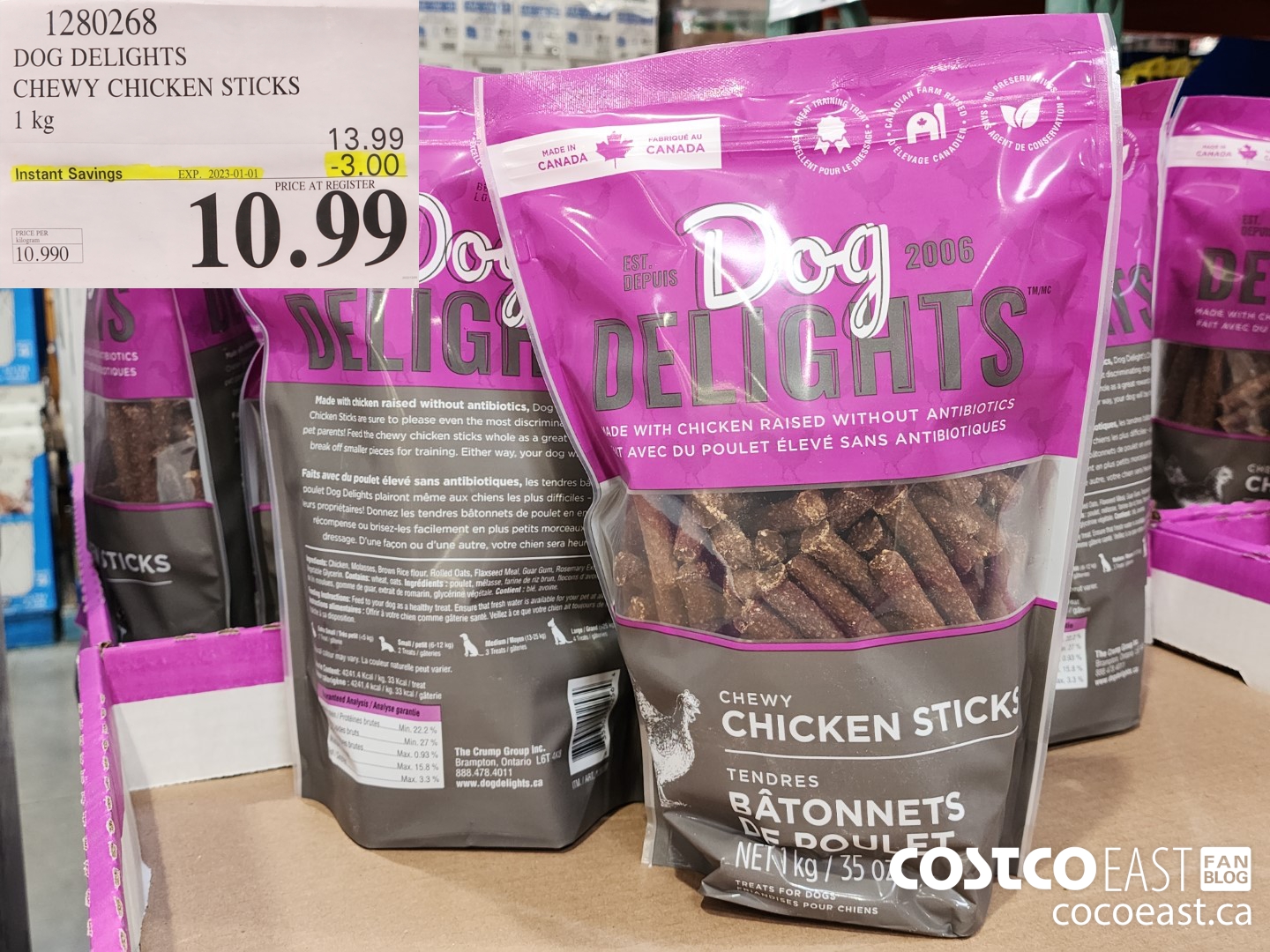 1280268 DOG DELIGHTS CHEWY CHICKEN STICKS 1KG ($3.00 INSTANT SAVINGS EXPIRES ON 2023-01-01) $10.99