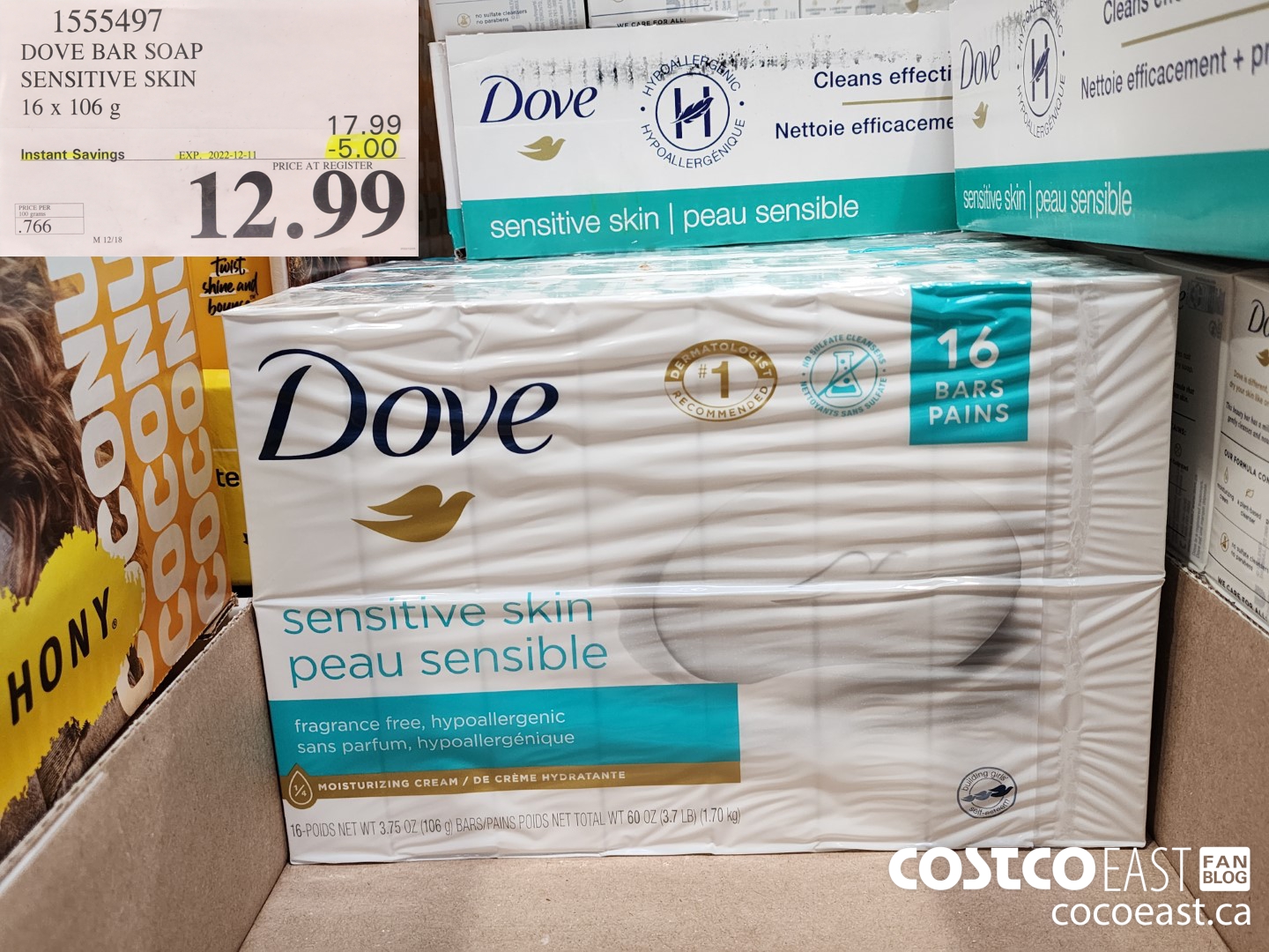1555497 DOVE BAR SOAP SENSITIVE SKIN 16 x 106 g ($5.00 INSTANT SAVINGS EXPIRES ON 2022-12-11) $12.99