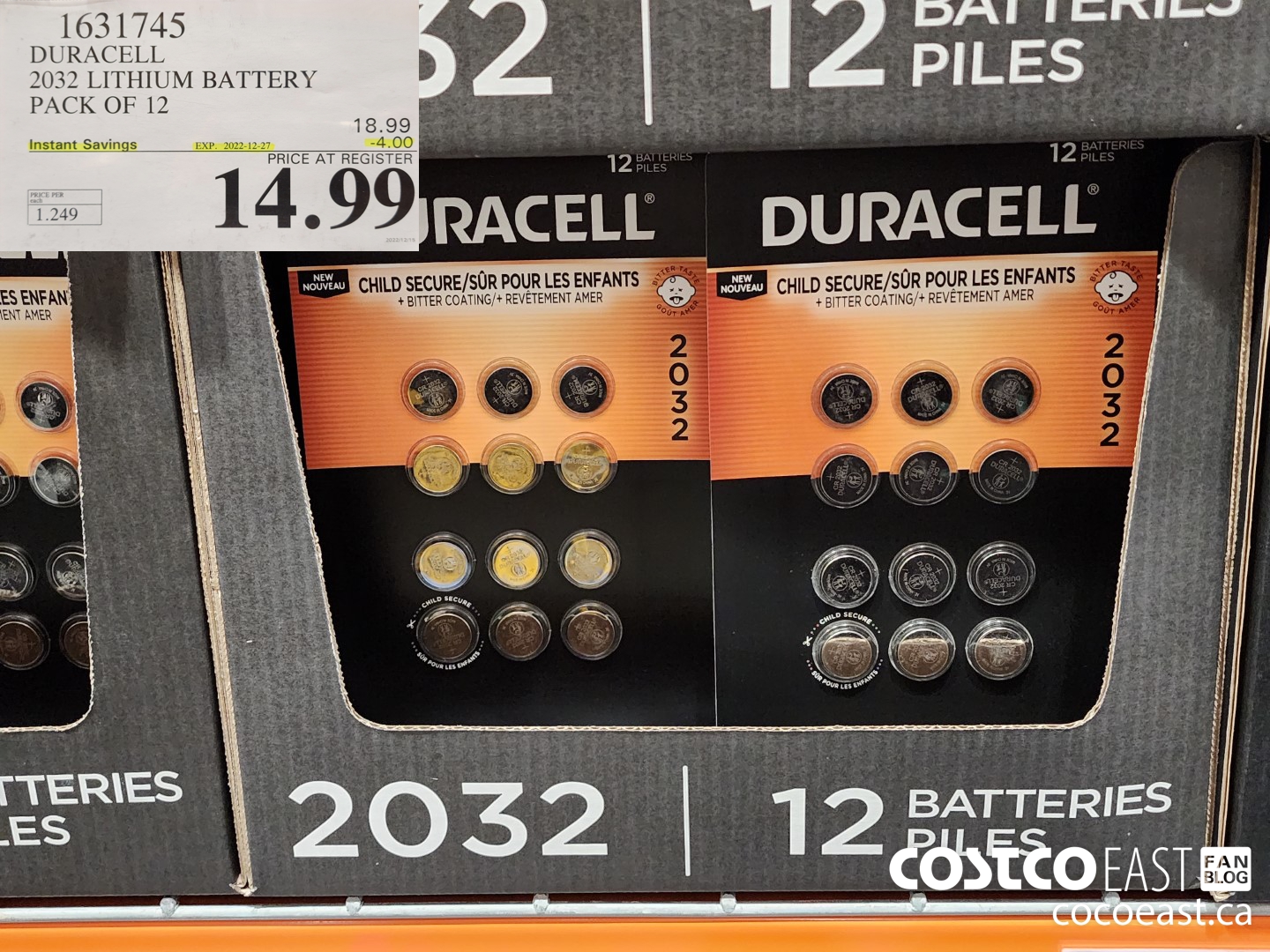 1631745 DURACELL 2032 LITHIUM BATTERY PACK OF 12 ($4.00 INSTANT SAVINGS EXPIRES ON 2022-12-27) $14.99