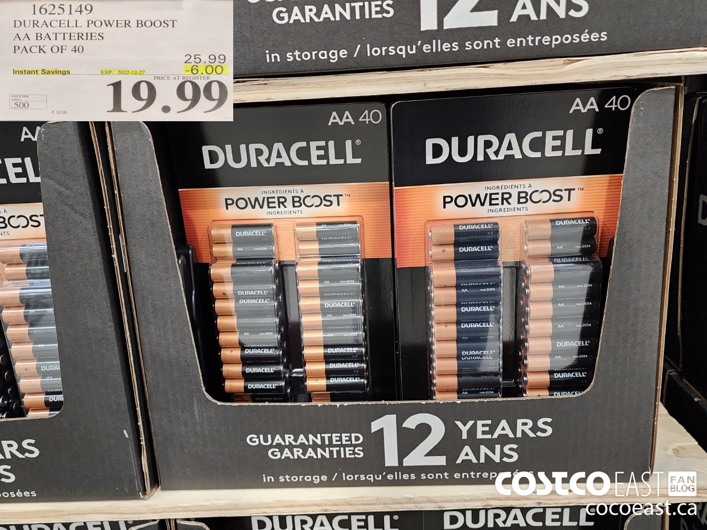 1625149 DURACELL POWER BOOST AA BATTERIES PACK OF 40 ($6.00 INSTANT SAVINGS EXPIRES ON 2022-12-27) $19.99