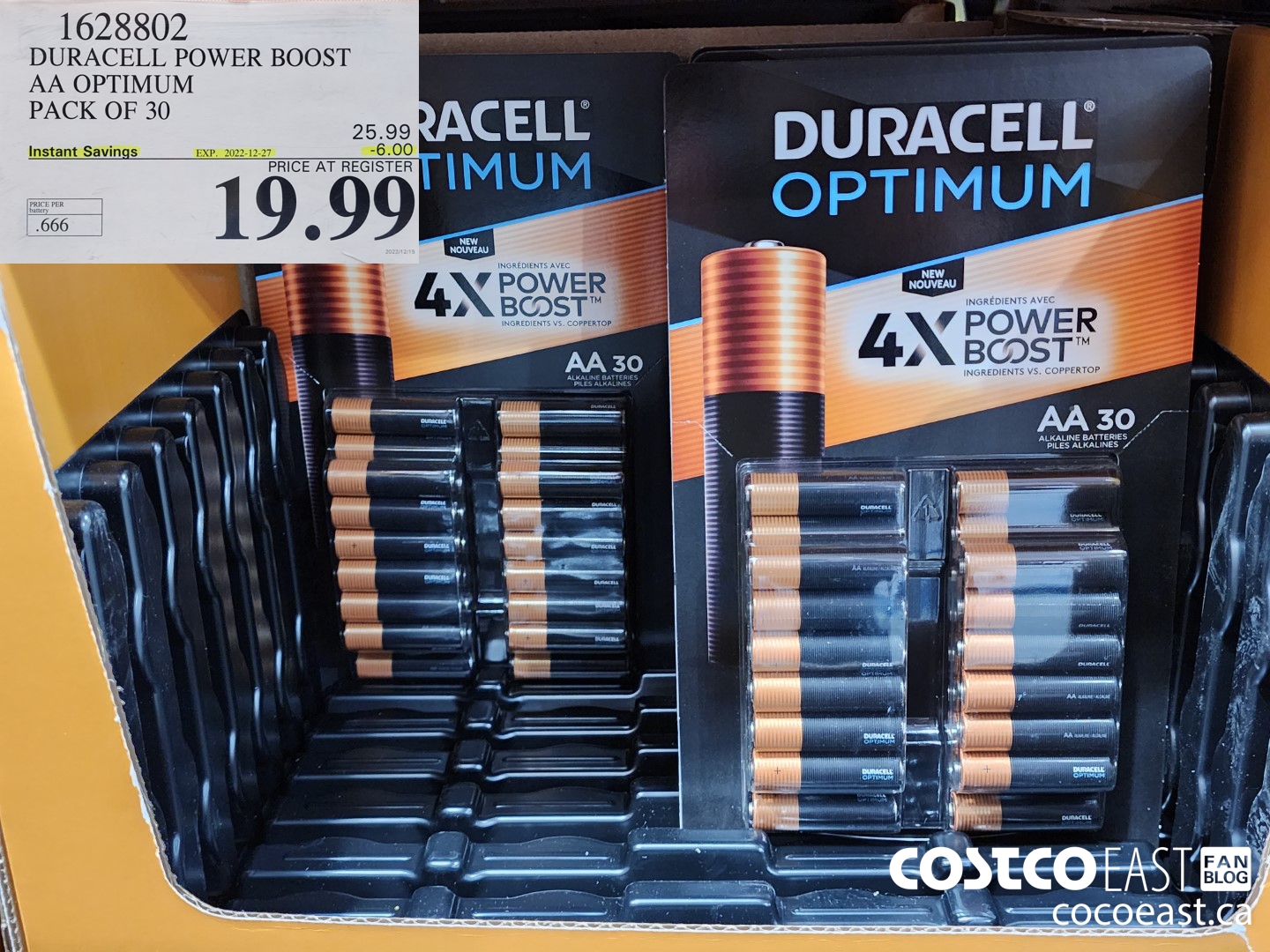 1628802 DURACELL POWER BOOST AA OPTIMUM PACK OF 30 ($6.00 INSTANT SAVINGS EXPIRES ON 2022-12-27) $19.99