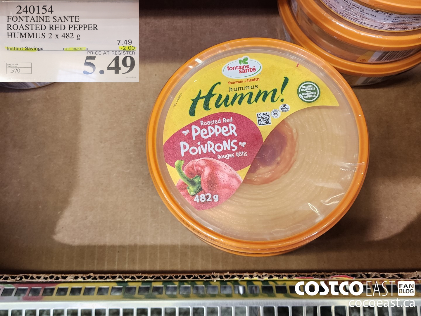 240154 FONTAINE SANTE ROASTED RED PEPPER HUMMUS 2 X 482 G ($2.00 INSTANT SAVINGS EXPIRES ON 2023-01-01) $5.49
