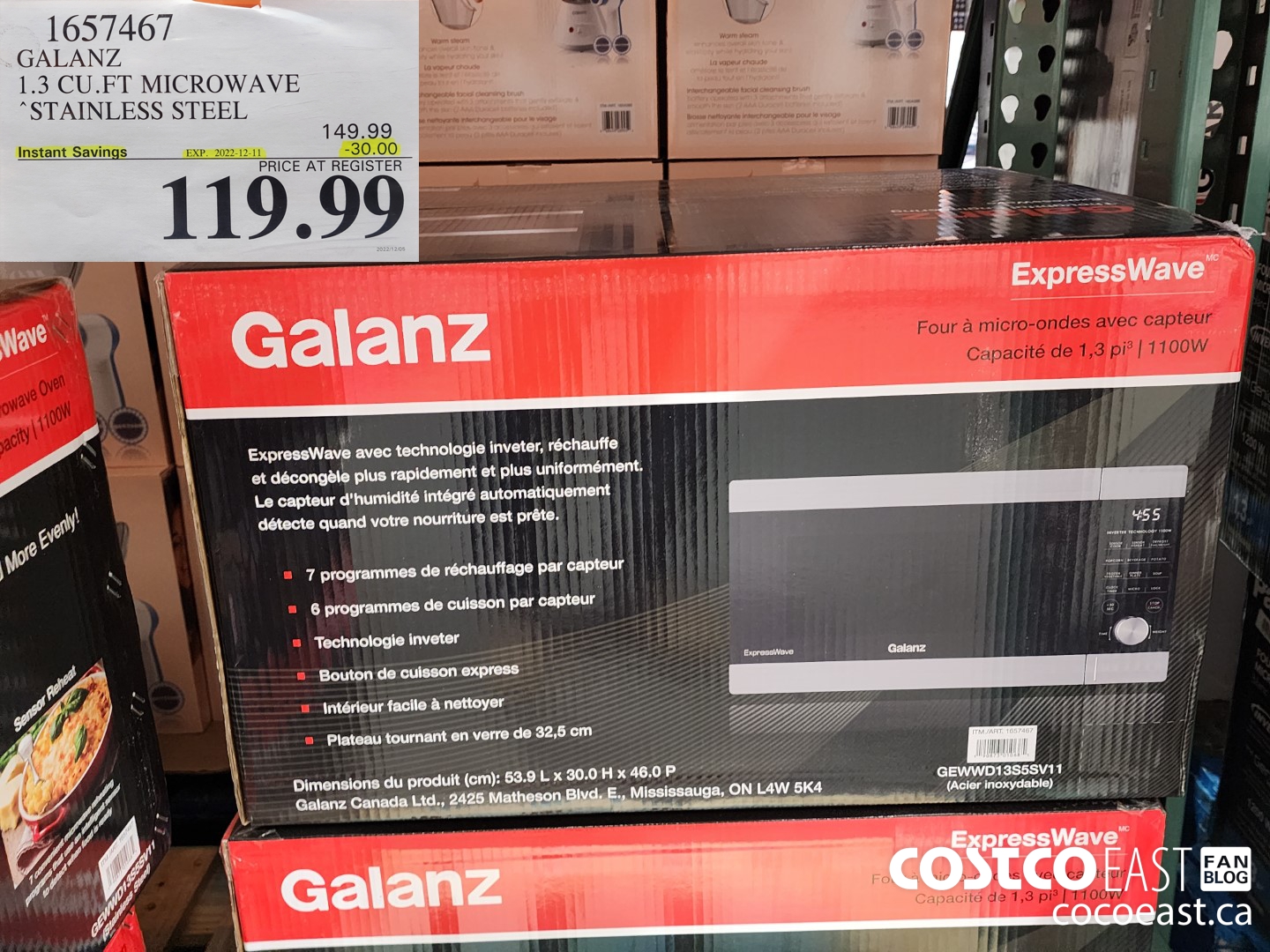 1657467 GALANZ 1.3 CU.PT MICROWAVE STAINLESS STEEL ($30.00 INSTANT SAVINGS EXPIRES ON 2022-12-11) $119.99