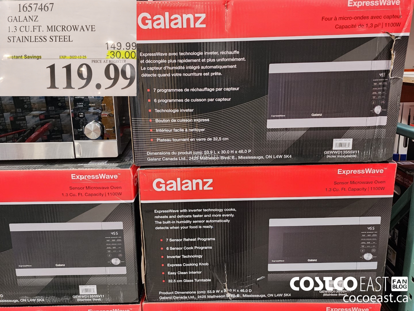 1657467 GALANZ 1.3 CU.PT MICROWAVE STAINLESS STEEL ($30.00 INSTANT SAVINGS EXPIRES ON 2022-12-25) $119.99