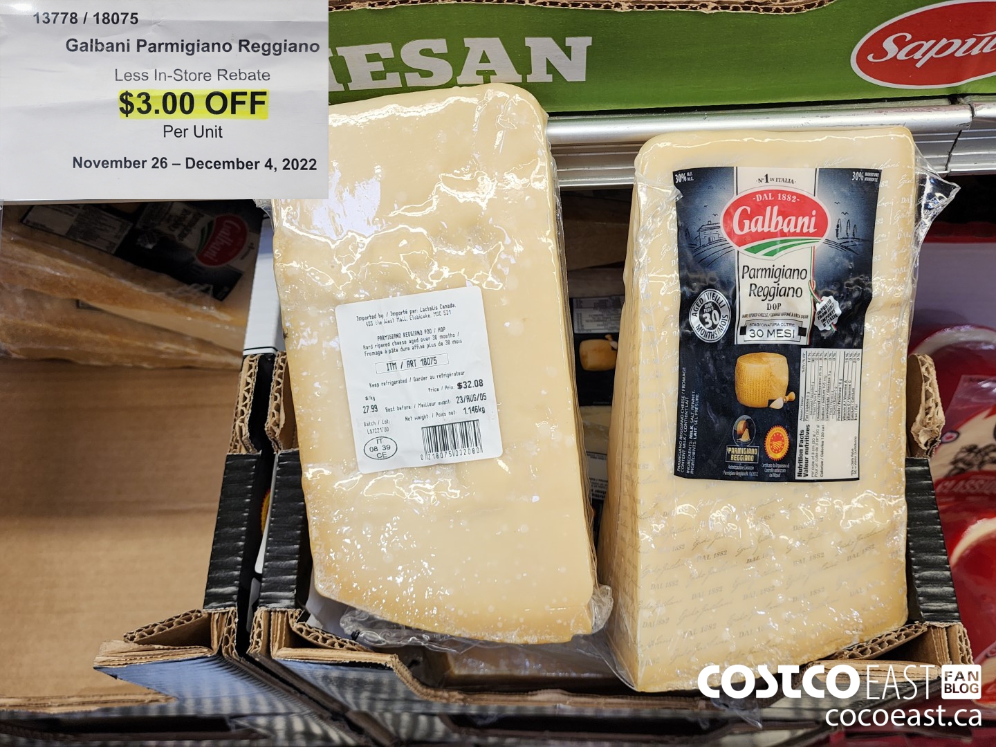 13778 GALBANI PARMIGIANO REGGIANO 30 MONTH PRICE PER KG ($3.00 INSTANT SAVINGS)
