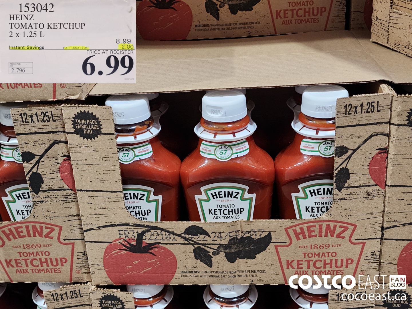 153042 HEINZ TOMATO KETCHUP 2 X 1.25 L ($2.00 INSTANT SAVINGS EXPIRES ON 2022-12-25) $6.99