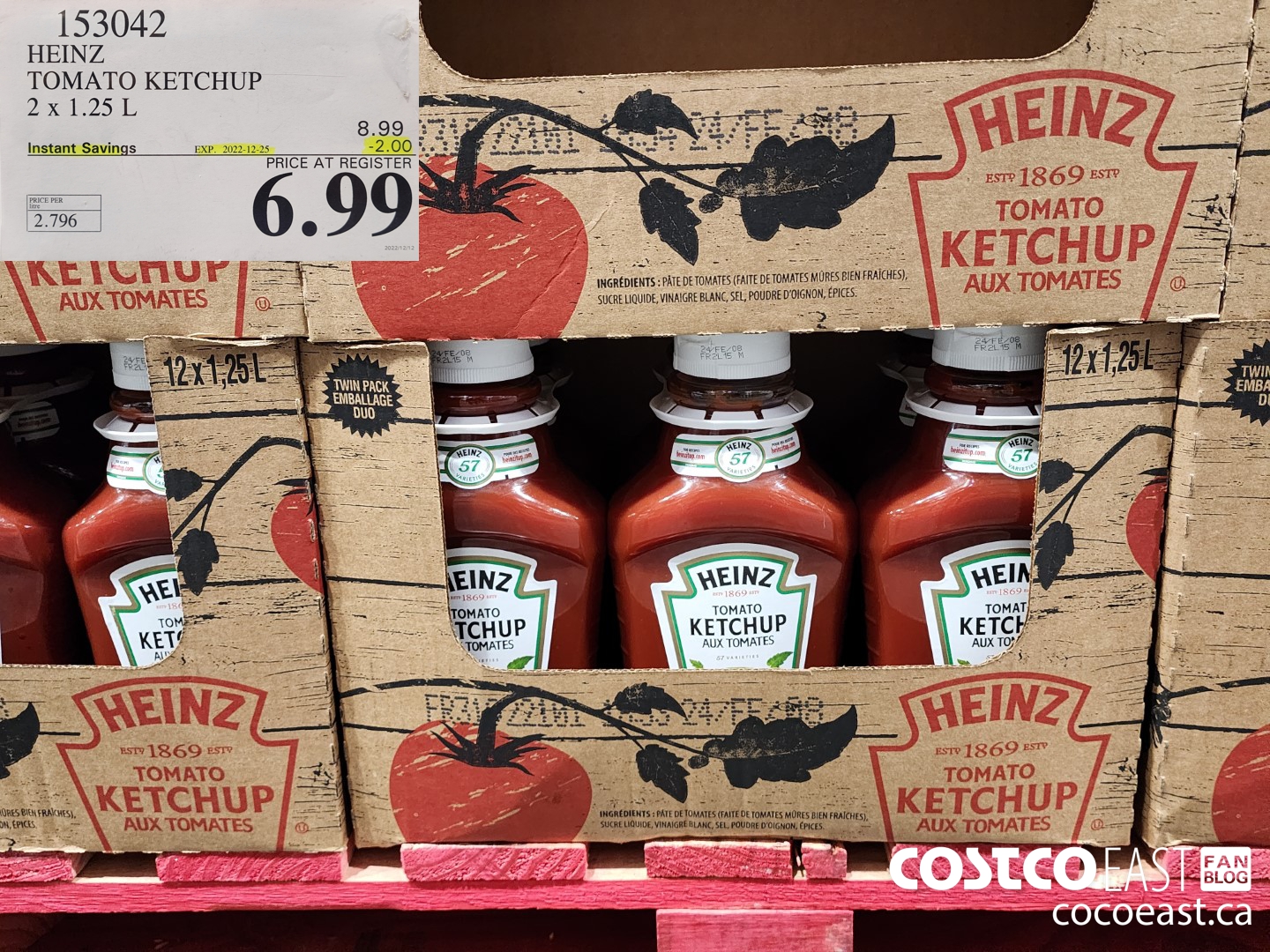 153042 HEINZ TOMATO KETCHUP 2 X 1.25 L ($2.00 INSTANT SAVINGS EXPIRES ON 2022-12-25) $6.99