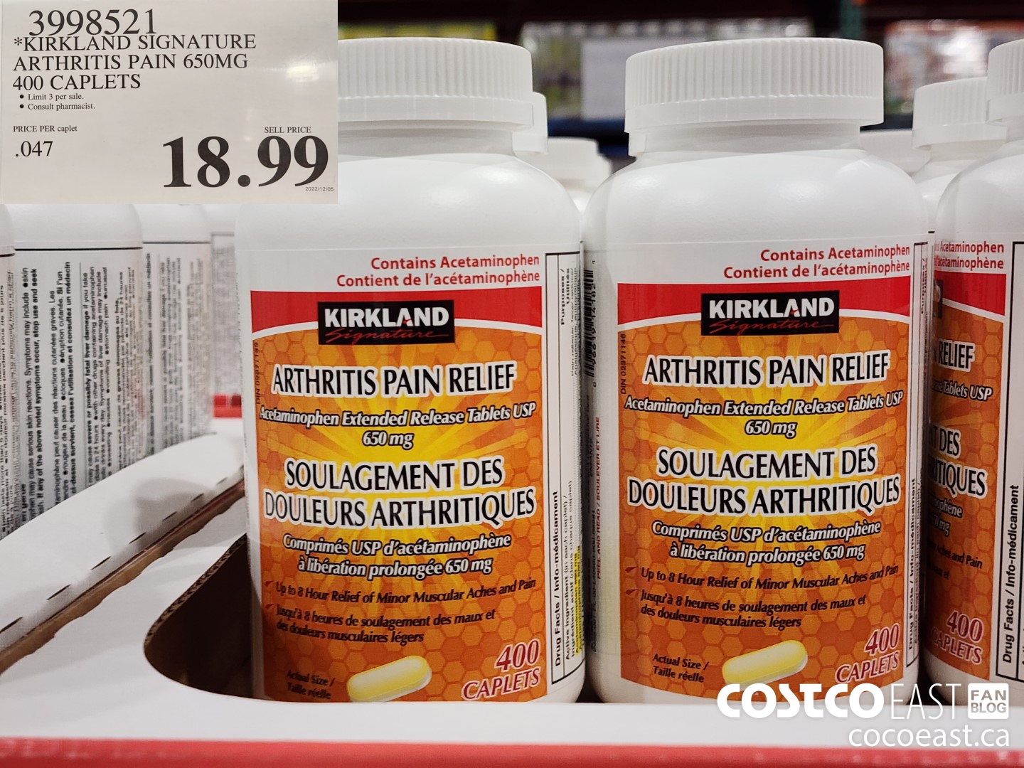 3998521 KIRKLAND SIGNATURE ARTHRITIS PAIN 650MG 400 CAPLETS $18.99