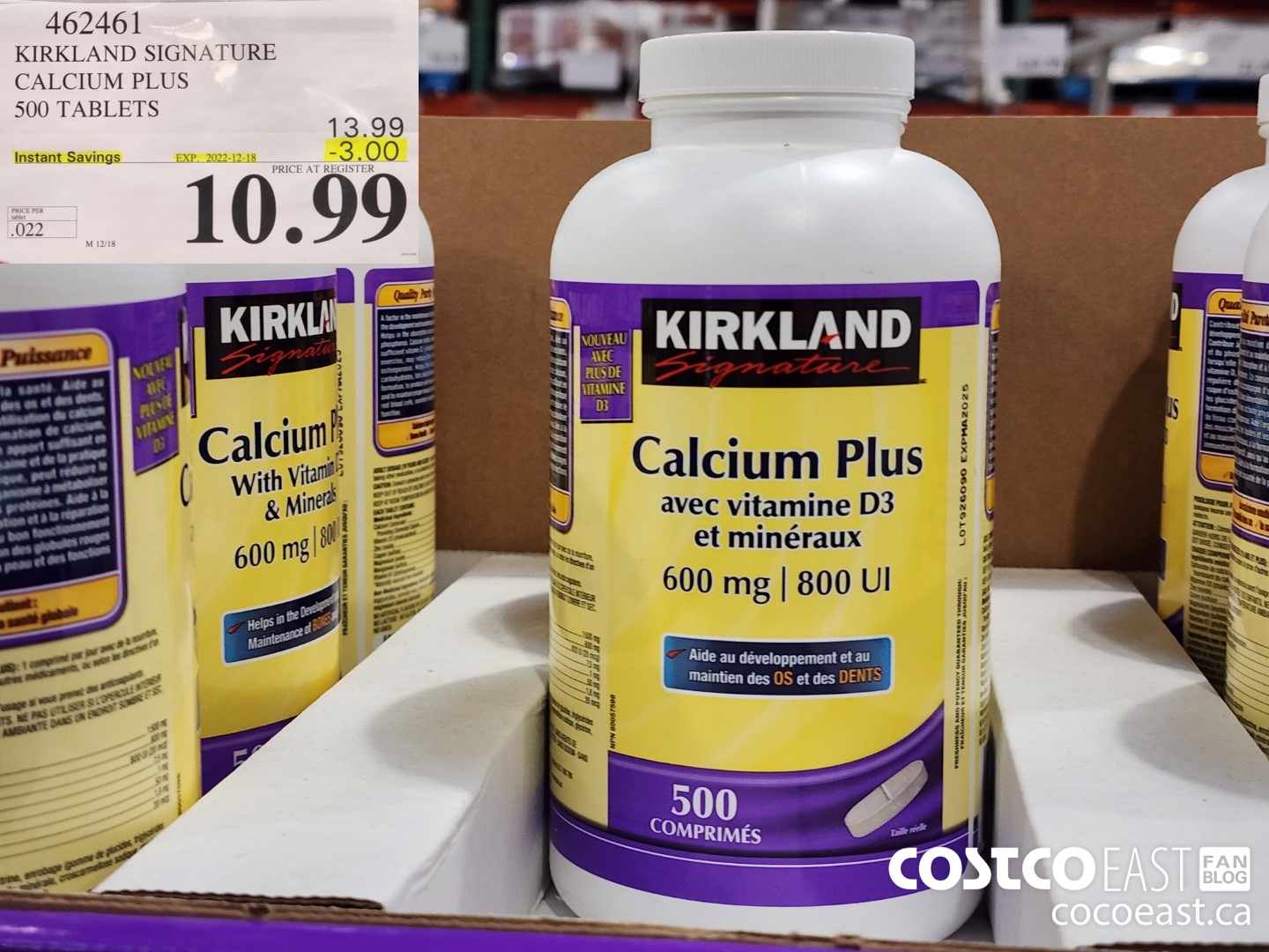 462461 KIRKLAND SIGNATURE CALCIUM PLUS 500 TABLETS ($3.00 INSTANT SAVINGS EXPIRES ON 2022-12-18) $10.99