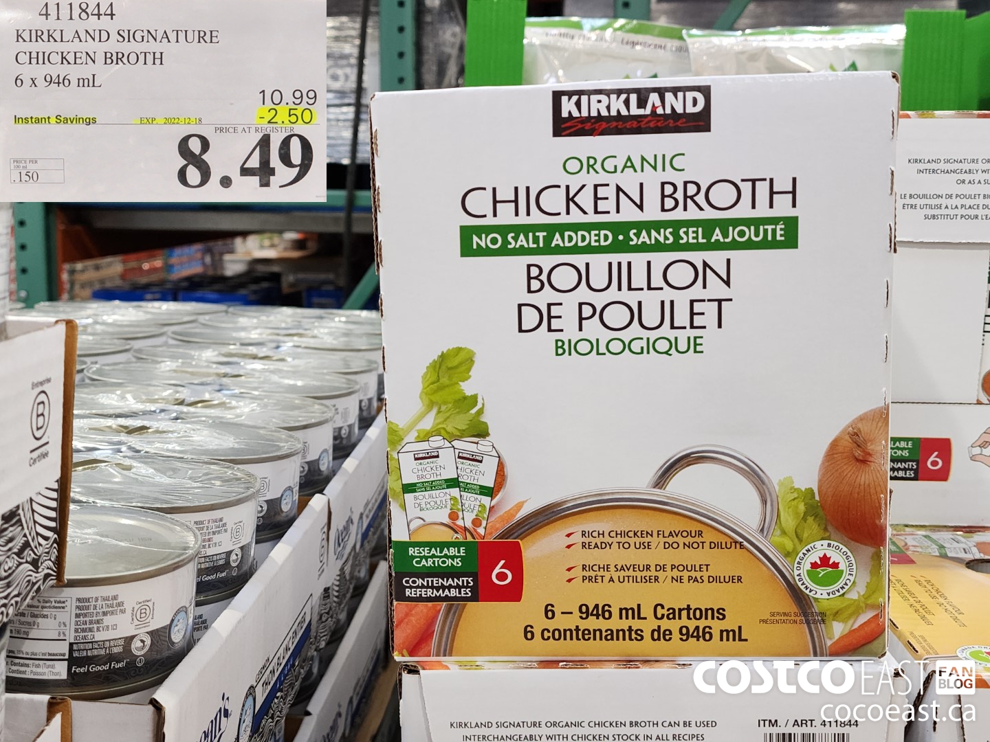 411844 KIRKLAND SIGNATURE CHICKEN BROTH 6 X 946 ML ($2.50 INSTANT SAVINGS EXPIRES ON 2022-12-18) $8.49