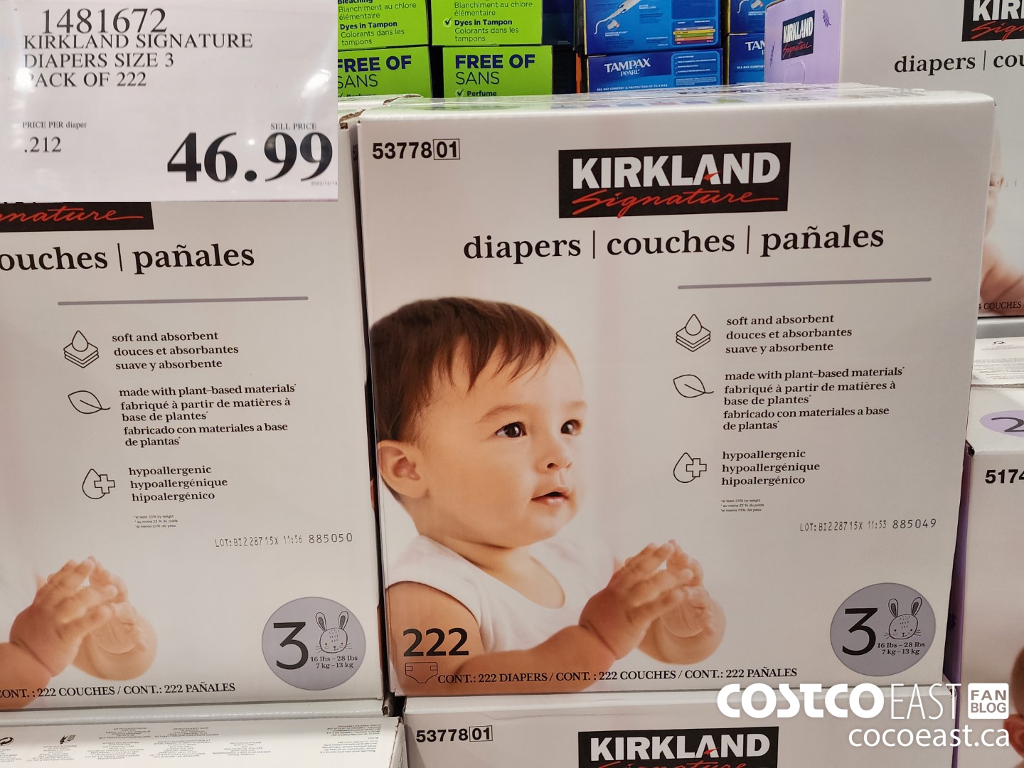 1481672 KIRKLAND SIGNATURE DIAPERS SIZE 3 PACK OF 222 $46.99