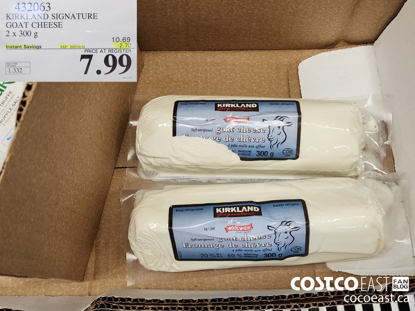 432063 KIRKLAND SIGNATURE GOAT CHEESE 2 X 300 G ($2.70 INSTANT SAVINGS EXPIRES ON 2023-01-01) $7.99
