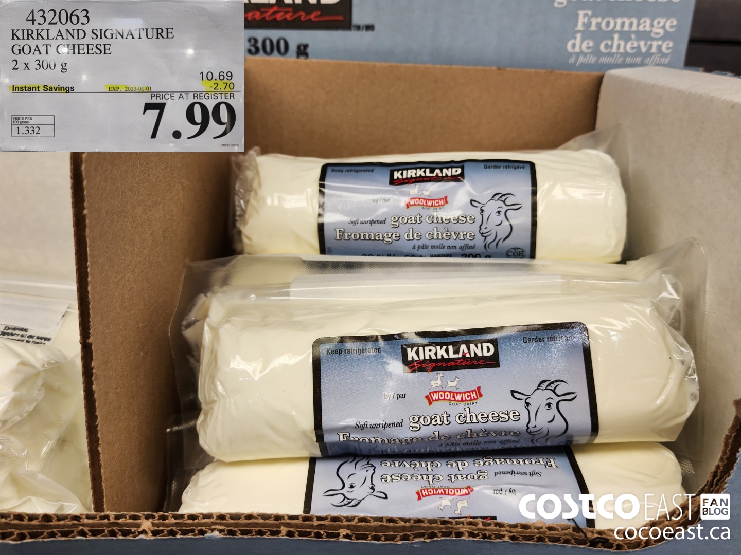 432063 KIRKLAND SIGNATURE GOAT CHEESE 2 X 300 G ($2.70 INSTANT SAVINGS EXPIRES ON 2023-01-01) $7.99