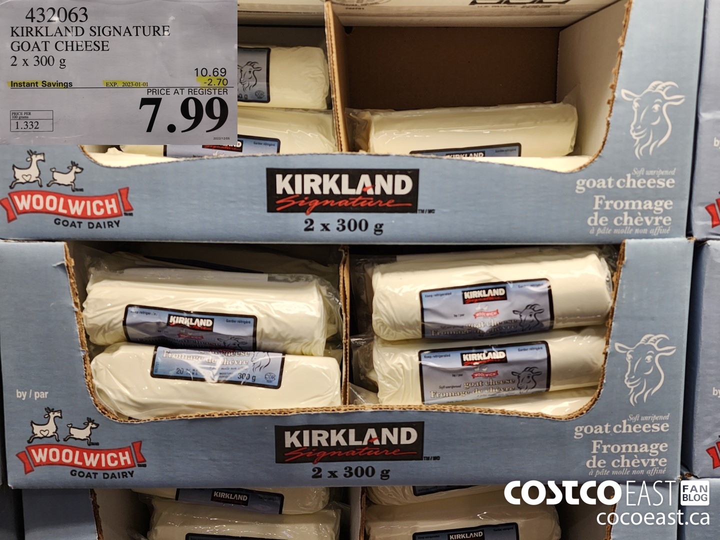 432063 KIRKLAND SIGNATURE GOAT CHEESE 2 X 300 G ($2.70 INSTANT SAVINGS EXPIRES ON 2023-01-01) $7.99
