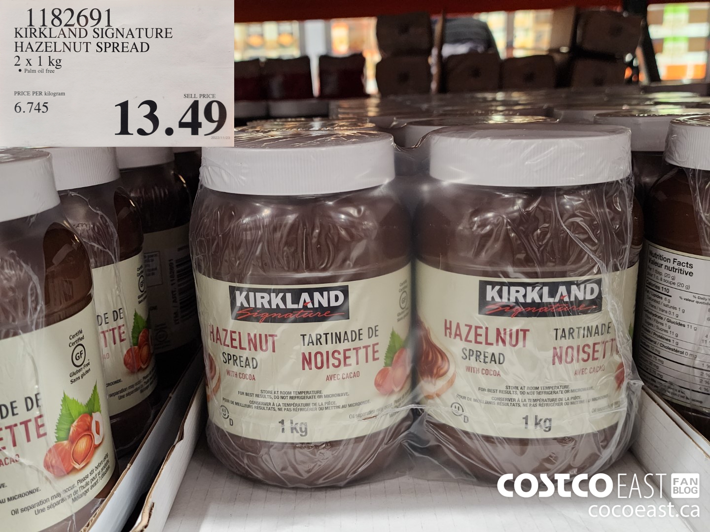 1182691 KIRKLAND SIGNATURE HAZELNUT SPREAD 2 X 1 KG $13.49