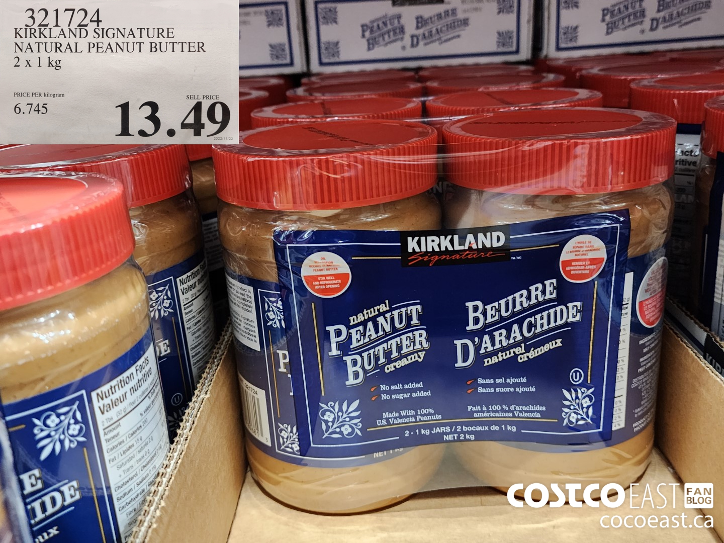 321724 KIRKLAND SIGNATURE NATURAL PEANUT BUTTER 2 X 1 KG $13.49