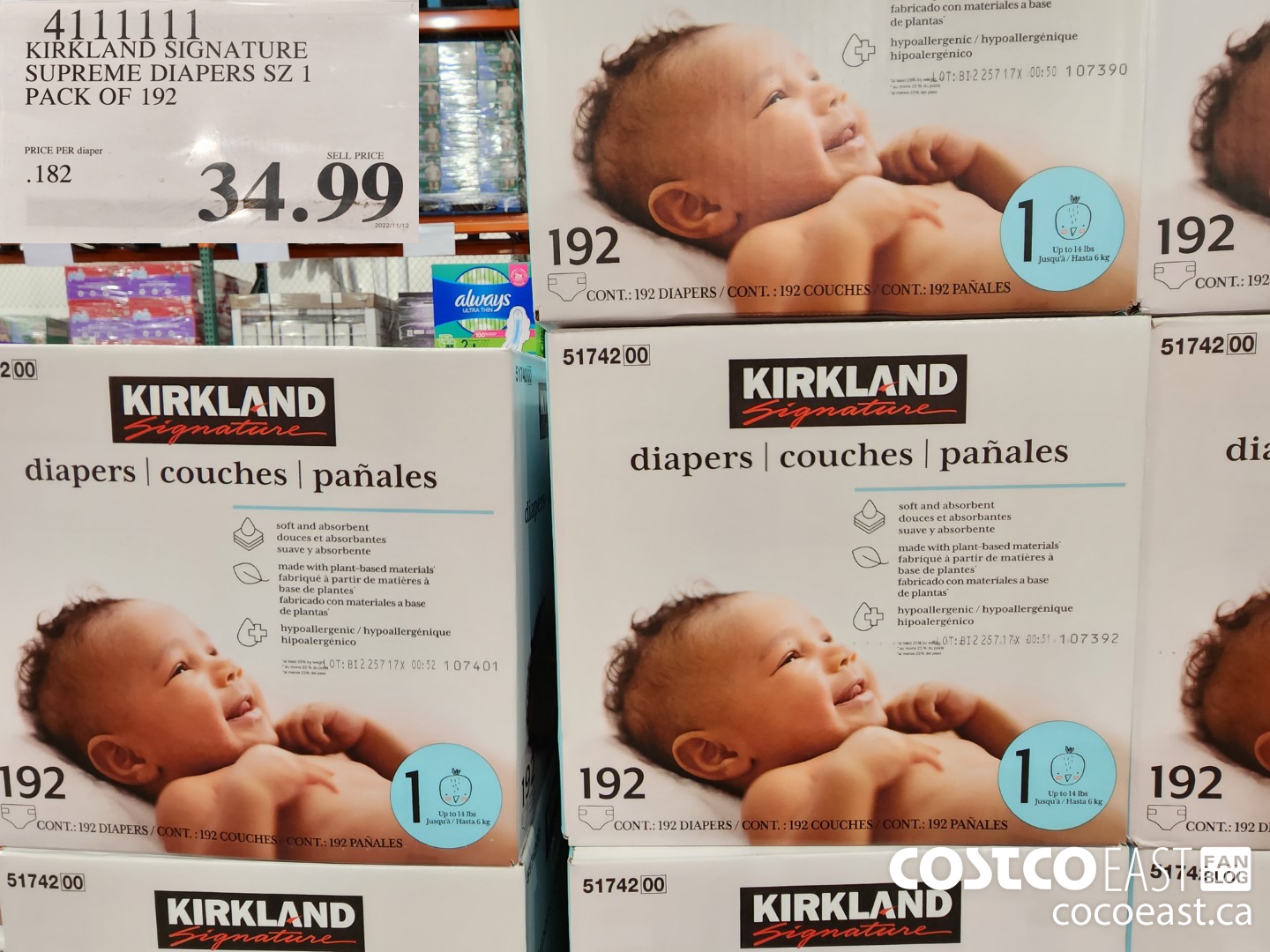 4111111 KIRKLAND SIGNATURE SUPREME DIAPERS SZ 1 PACK OF 192 $34.99