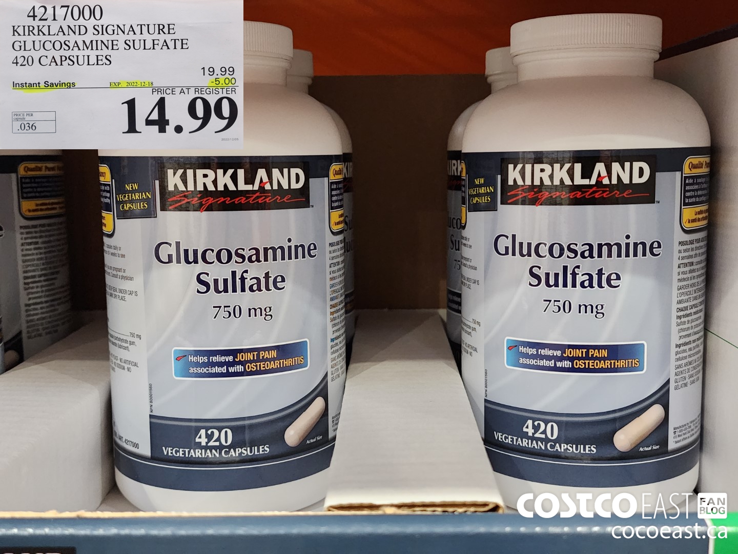 4217000 KS GLUCOSAMINE SULFATE 750MG 420 CAPSULES ($5.00 INSTANT SAVINGS EXPIRES ON 2022-12-18) $14.99