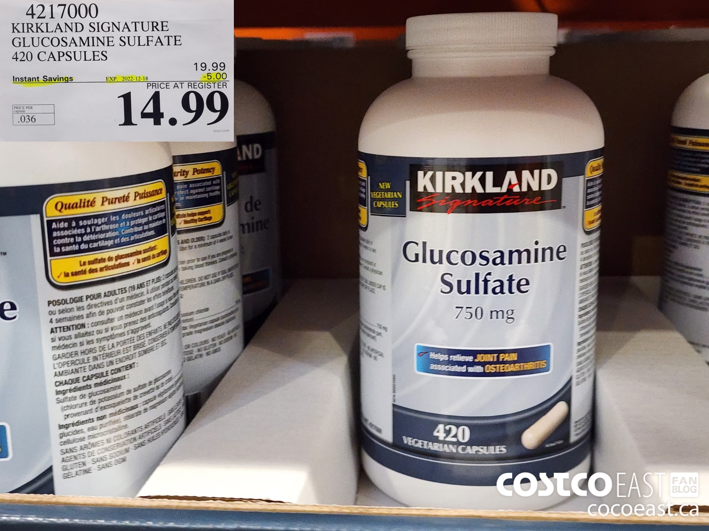 4217000 KS GLUCOSAMINE SULFATE 750MG 420 CAPSULES ($5.00 INSTANT SAVINGS EXPIRES ON 2022-12-18) $14.99