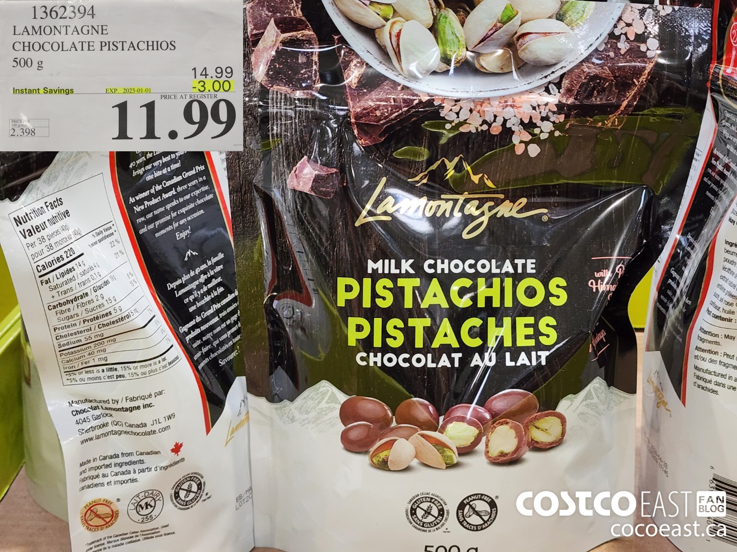 1362394 LAMONTAGNE CHOCOLATE PISTACHIOS 500g ($3.00 INSTANT SAVINGS EXPIRES ON 2023-01-01) $11.99
