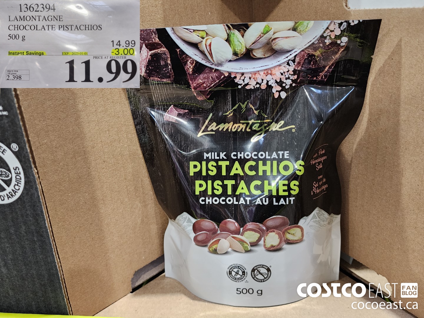 1362394 LAMONTAGNE CHOCOLATE PISTACHIOS 500g ($3.00 INSTANT SAVINGS EXPIRES ON 2023-01-01) $11.99
