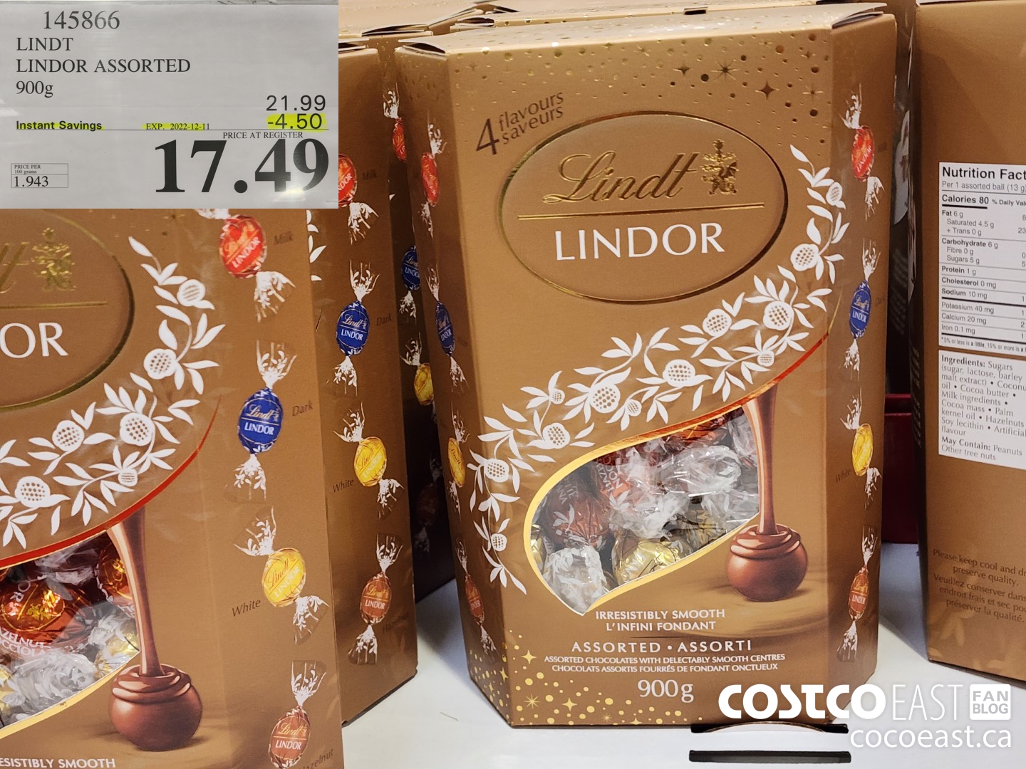 145866 LINDT LINDOR ASSORTED 900 G ($4.50 INSTANT SAVINGS EXPIRES ON 2022-12-11) $17.49