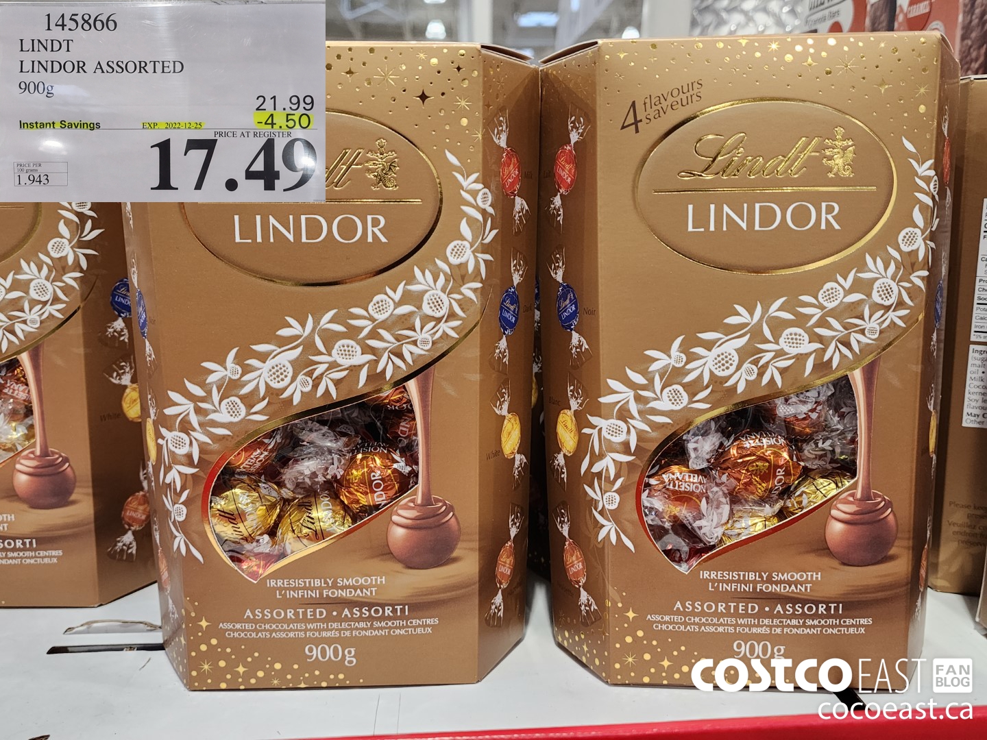 145866 LINDT LINDOR ASSORTED 900 G ($4.50 INSTANT SAVINGS EXPIRES ON 2022-12-25) $17.49