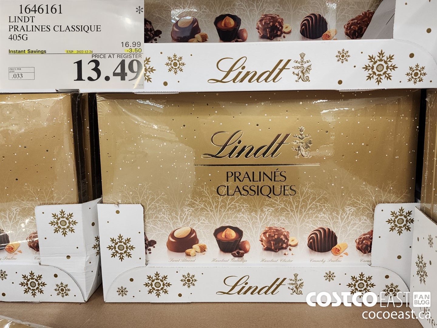 1646161 LINDT PRALINES CLASSIQUE 405G ($3.50 INSTANT SAVINGS EXPIRES ON 2022-12-24) $13.49