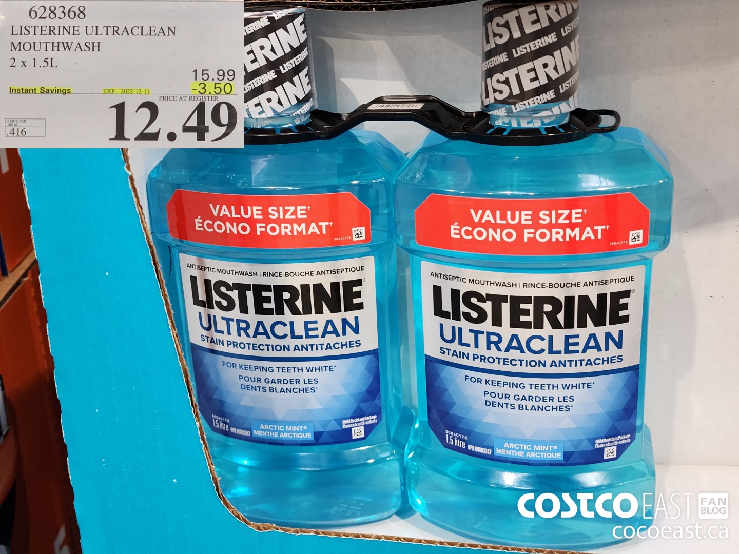 628368 LISTERINE ULTRACLEAN MOUTHWASH 2 X 1.5L ($3.50 INSTANT SAVINGS EXPIRES ON 2022-12-11) $12.49