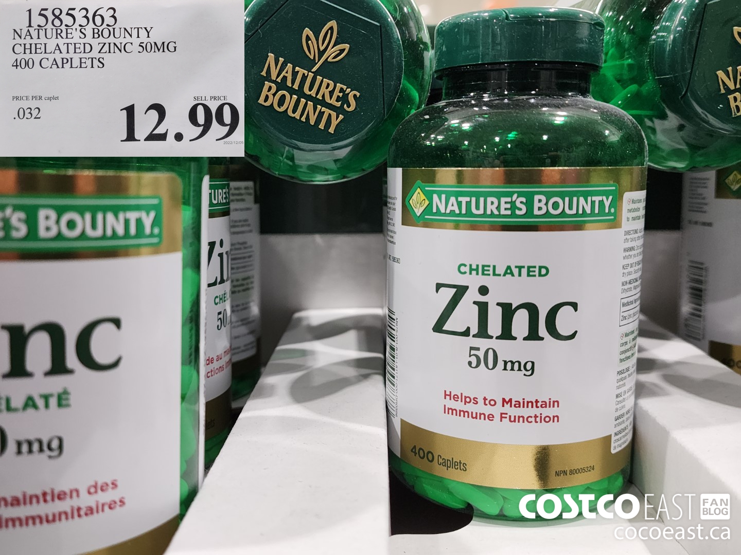 1585363 NATURE'S BOUNTY CHELATED ZINC 50MG 400 CAPLETS $12.99