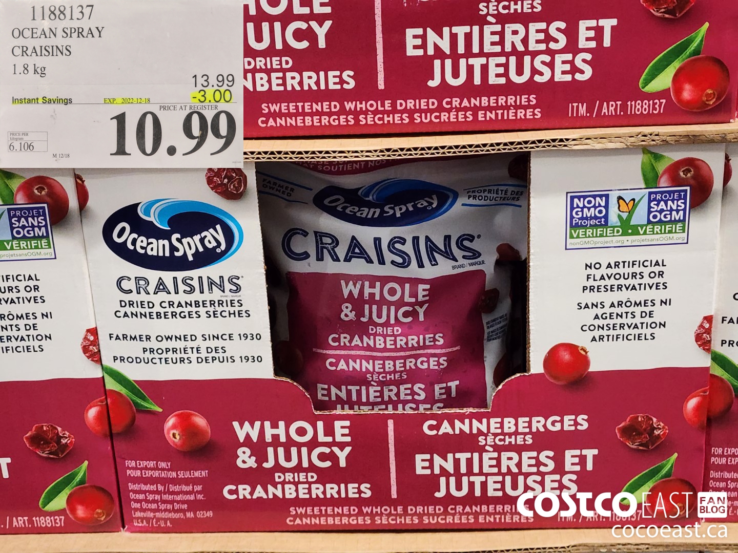 1188137 OCEAN SPRAY CRAISINS 1.8 KG ($3.00 INSTANT SAVINGS EXPIRES ON 2022-12-18) $10.99
