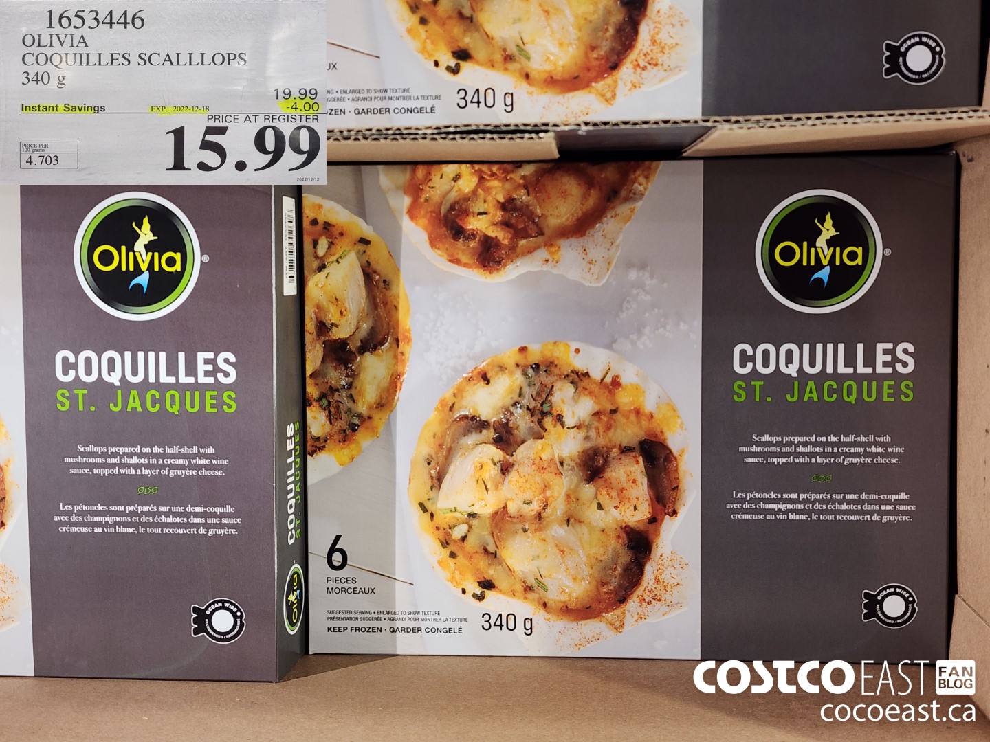1653446 OLIVIA COQUILLES SCALLOPS 340 g ($4.00 INSTANT SAVINGS EXPIRES ON 2022-12-18) $15.99