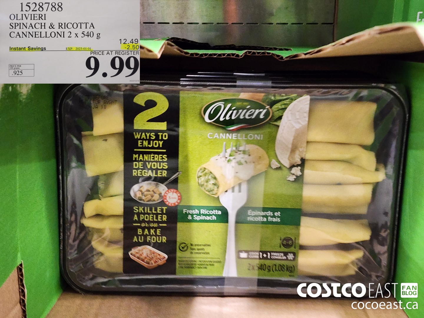 1528788 OLIVIERY SPINACH & RICOTTA CANNELLONI 2 X 540 G ($2.50 INSTANT SAVINGS EXPIRES ON 2023-01-01) $9.99