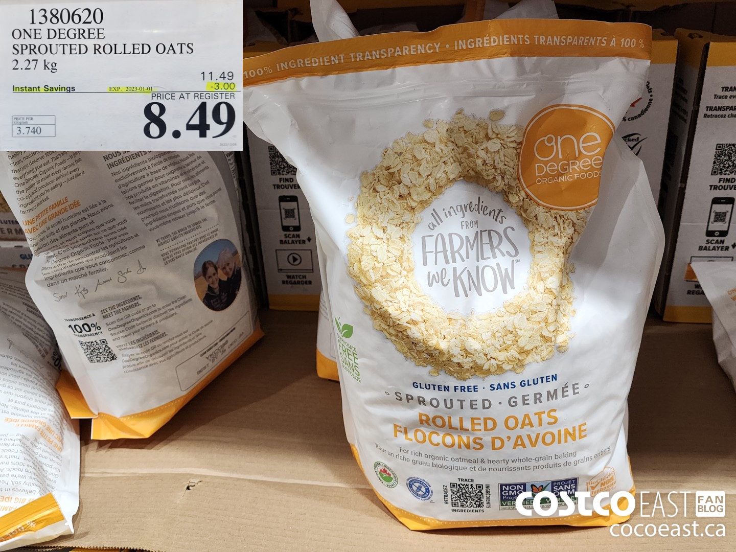 1380620 ONE DEGREE SPROUTED ROLLED OATS 2.27 KG ($3.00 INSTANT SAVINGS EXPIRES ON 2023-01-01) $8.49