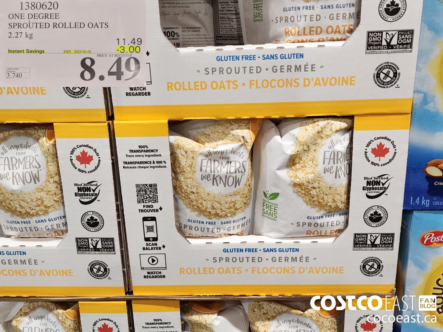 1380620 ONE DEGREE SPROUTED ROLLED OATS 2.27 KG ($3.00 INSTANT SAVINGS EXPIRES ON 2023-01-01) $8.49